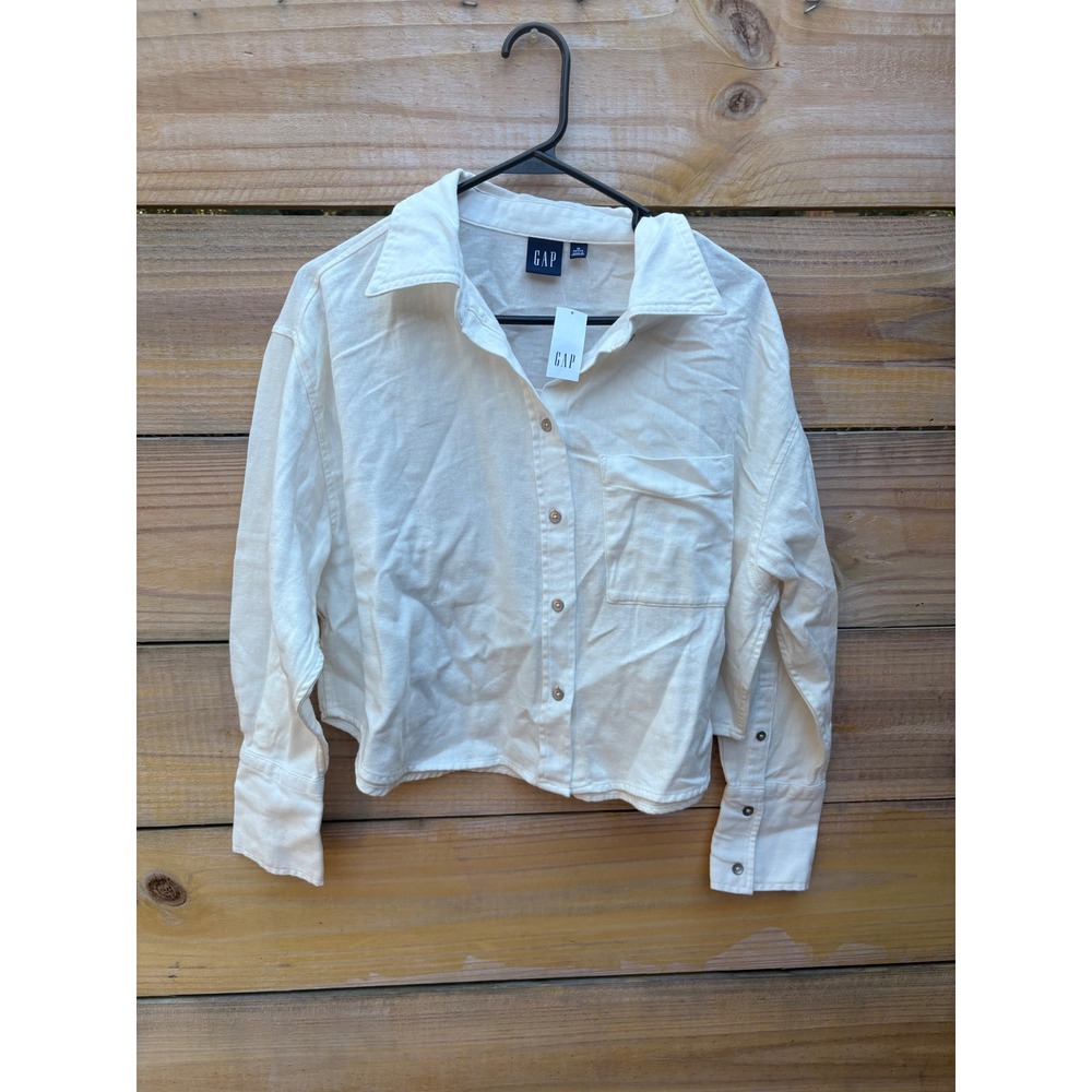 Gap Womens Cropped Button Down Shirt Off White Petite Medium 880834-04-1